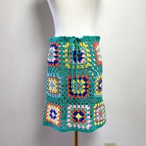 Sheer Crochet Knit Patchwork Skirt Small Granny Square Boho Festival 70s Retro